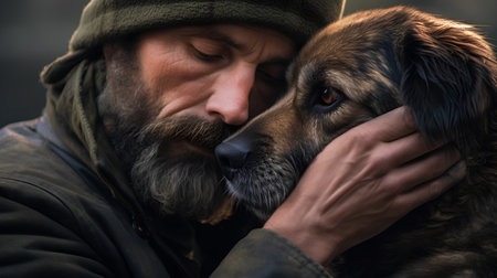 Portrait of a homeless man with a dog in his arms.の素材