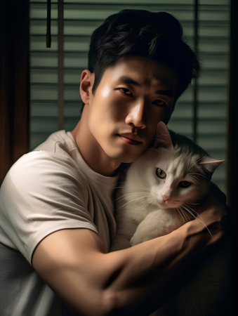 Portrait of handsome young Asian man hugging white cat at home.の素材