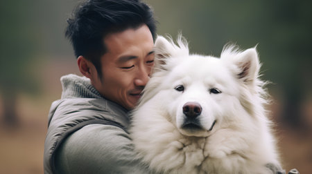 Young Asian man and his big white dog in the park. Focus on dog.の素材