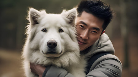 Portrait of handsome asian man with his dog in the forestの素材