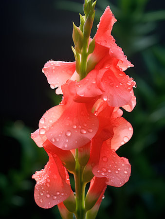 Beautiful red gladiolus flower with dew drops close upの素材