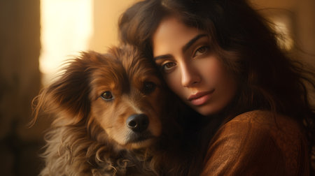Portrait of a beautiful young woman with long curly hair and a dog.の素材