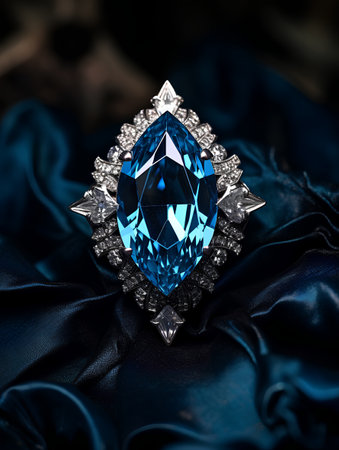 Jewelry ring with blue sapphire on black satin backgroundの素材