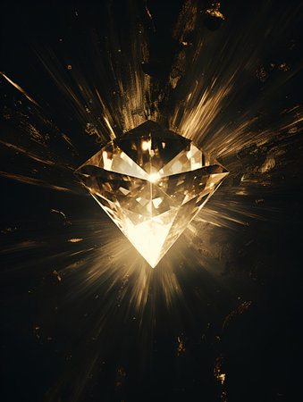 3d rendering of a diamond on a dark background with light raysの素材
