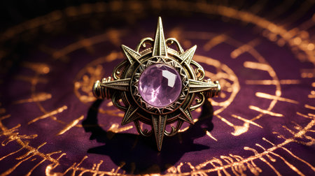 Jewelry ring in the form of a star on a purple backgroundの素材