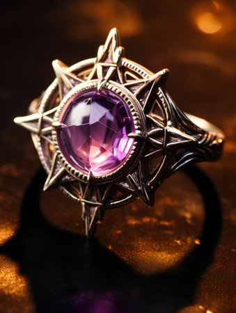 Jewelry ring with amethyst and star on a black backgroundの素材
