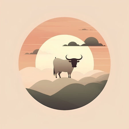 Vector illustration of a cow on a background of the setting sun.の素材