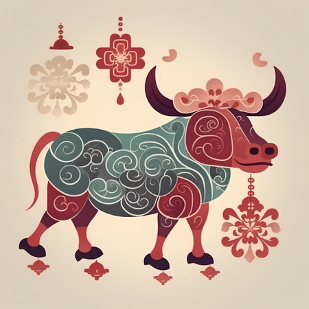 Vector illustration of a stylized bull with oriental ornamentsの素材