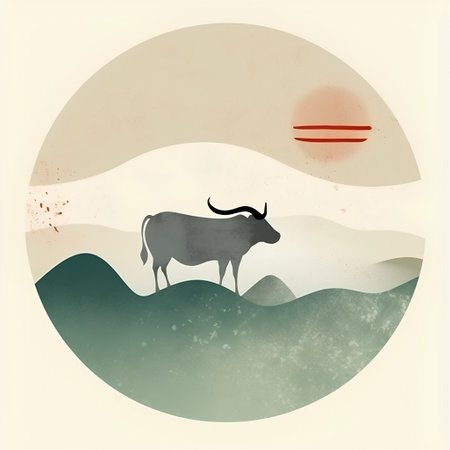 Grunge landscape with cow and sun. Vector illustration for your designの素材