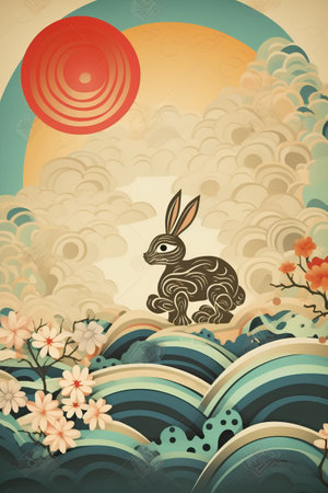Happy easter card with rabbit and spring landscape. Vector illustration.の素材