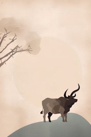 Grunge paper background with cow and tree. Vector illustration.の素材