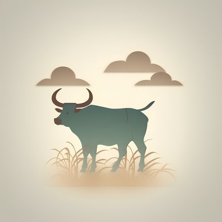 Vector illustration of a buffalo in the grassland with clouds in the backgroundの素材