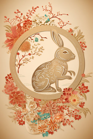 Rabbit with floral frame. Chinese New Year. Vector illustration.の素材
