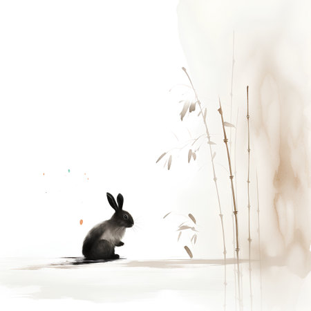 Rabbit in the water with bamboo and reeds on a white backgroundの素材