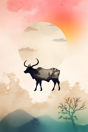 Chinese New Year 2021 year of the ox, watercolor painting backgroundの素材