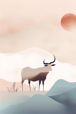 Vector watercolor landscape with buffalo and mountain. Japanese style illustration.の素材