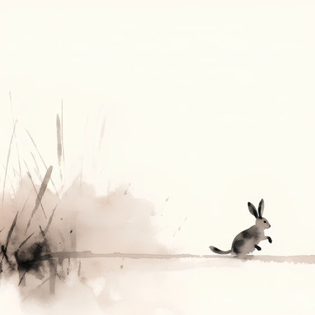 Rabbit and reeds on watercolor background. Watercolor illustration.の素材