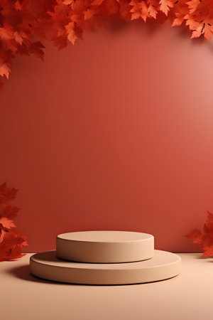 3d render of autumn background with podiums, leaves and space for textの素材