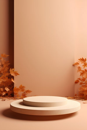 3d render, abstract background, podiums, autumn leaves, minimal designの素材