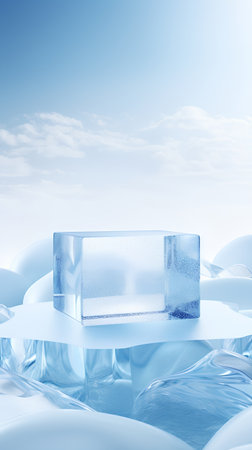 3d render of blue ice cube on the blue background with copy spaceの素材