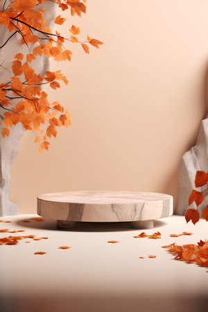 3D render of empty podium for product display with autumn leaves.の素材