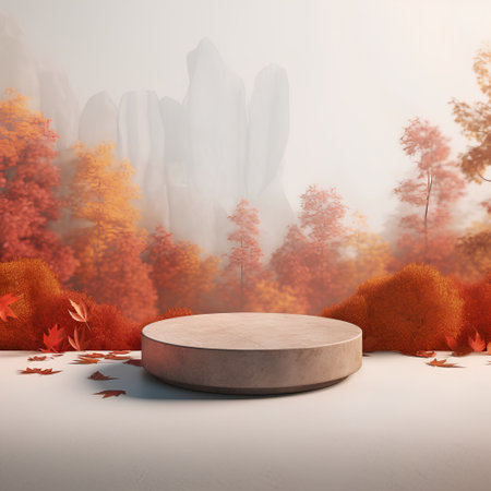 Autumn scene with empty round podium and falling leaves. 3d renderの素材