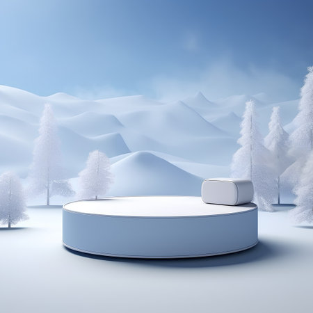 Podium in winter landscape, 3d render, square pedestalの素材