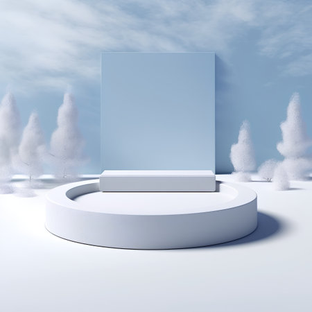 3d render of white podium with blue sky background and white treesの素材