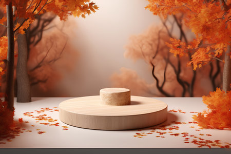 Autumn scene with podium and fallen leaves, 3d render illustrationの素材