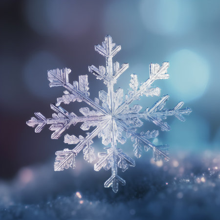 Beautiful snowflake on blue bokeh background, closeupの素材