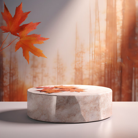 Autumn scene with podium and maple leaves. 3d render.の素材