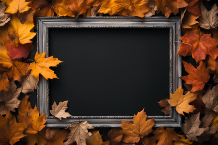 Frame with autumn leaves and space for text on black background, top viewの素材