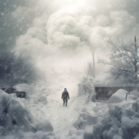 A man walks through the snow in the winter. Winter landscape.の素材