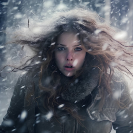 portrait of a young beautiful girl in the winter in the snowの素材