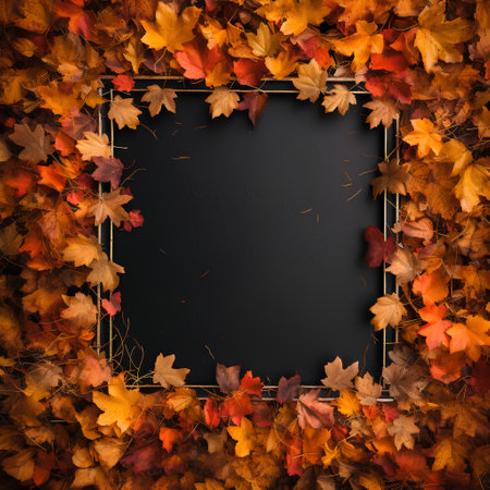 Autumn composition. Frame made of autumn leaves on black background. Flat lay, top view, copy spaceの素材