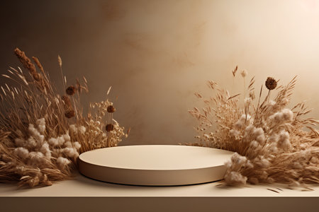 3d render of beige podium for product presentation with dry grass and flowers.の素材