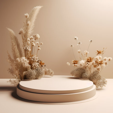 3d render of minimal display podium for cosmetic product presentation. Podium with dried flowers.の素材