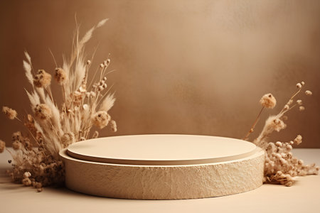 3d render of podium for product presentation with dry flowers. Brown background.の素材