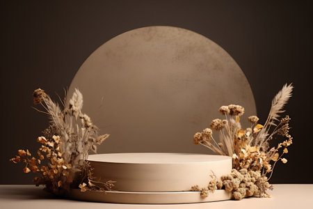 Podium for product presentation with dried flowers. 3d render.の素材