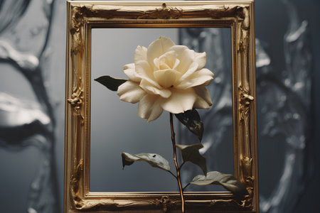 Vintage golden frame with white rose flower on dark background. 3d renderingの素材