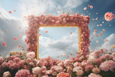 3d illustration of a frame with pink flowers and blue sky backgroundの素材