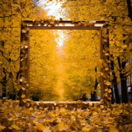 Golden frame with autumn leaves on the background of the autumn park.の素材