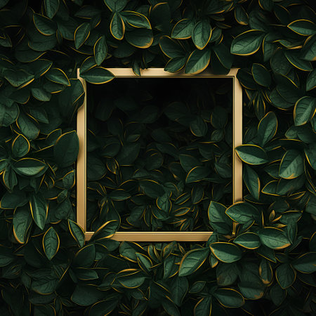 Golden frame with green leaves on dark background. 3d illustration.の素材