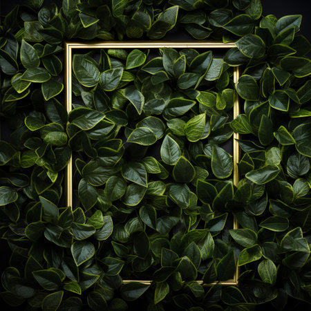Creative layout made of green leaves with golden frame. Flat lay. Nature concept.の素材