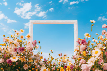 White photo frame with summer flowers on the background of blue sky.の素材