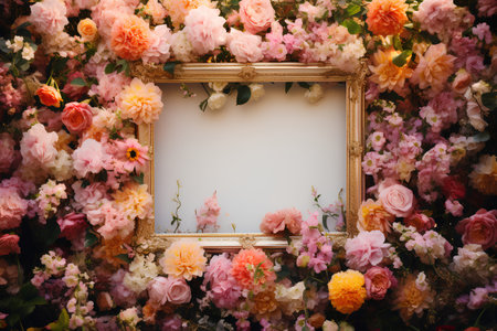 Grunge floral background with vintage frame and flowers. Copy spaceの素材