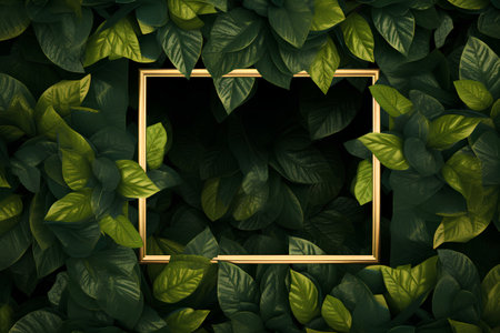 Creative layout made of green leaves with golden frame. Nature concept.の素材
