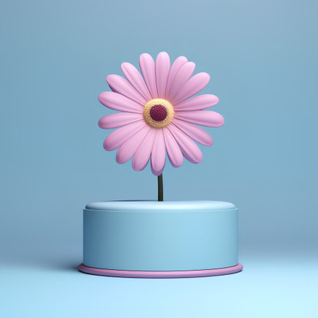 3d render of pink flower on blue background. Minimal scene.の素材
