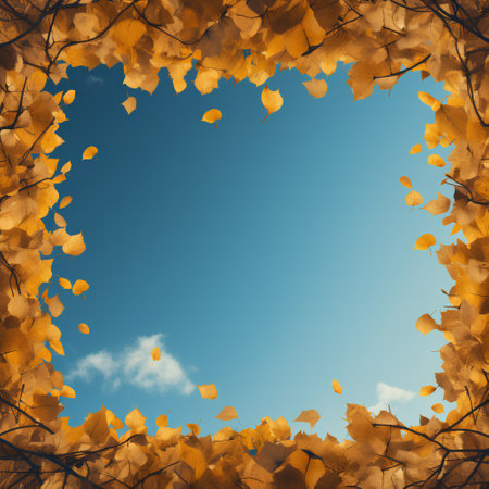 Autumn leaves frame on blue sky background with space for your textの素材