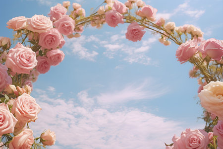 Frame of pink roses on a background of blue sky with clouds.の素材